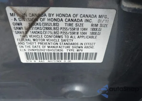 2011 Acura Mdx z USA, uszkodzony, nr VIN 2HNYD2H21BH523836